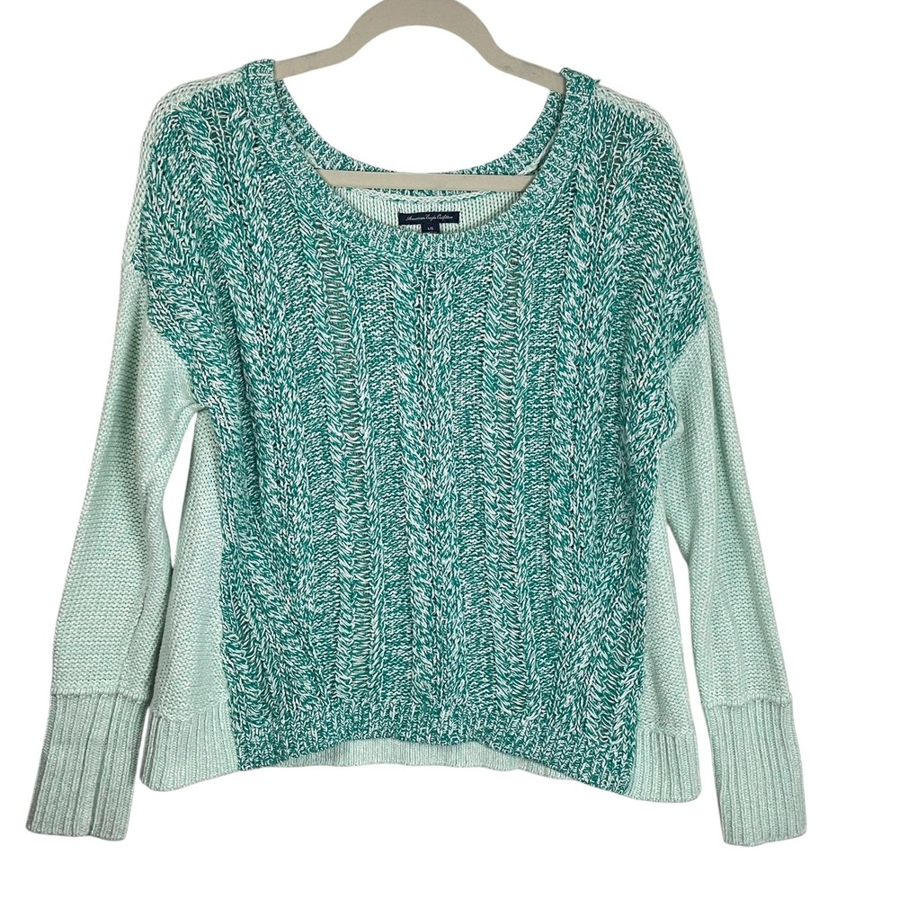 American Eagle Large Green White Marled Cable Knit Sweater Crewneck